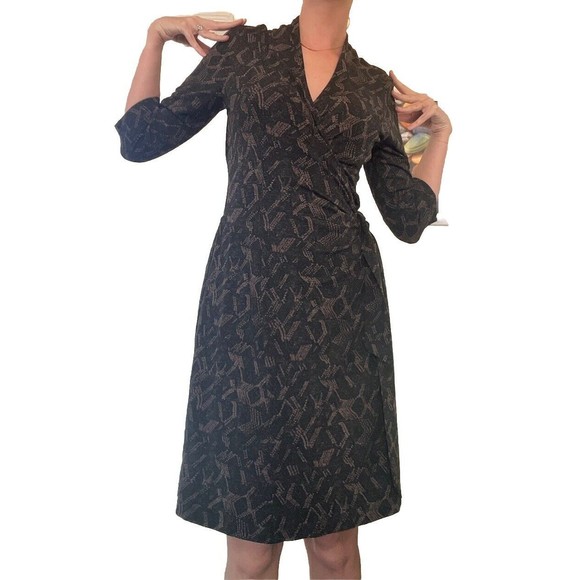J Jill Neutral Gray Brown Geometric Wrap Dress Tie Stretch Office Size M Petite - Picture 1 of 6